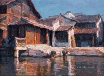 Paisaje chino de River Village Pier Shanshui Pinturas al óleo